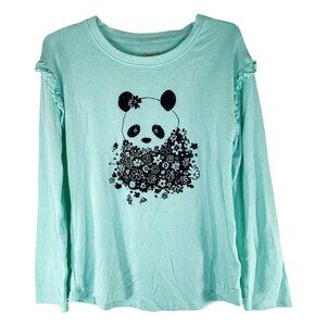 Cat & Jack Top Girls M Aqua Black Floral Panda Ruffle Shoulder Shirt Size Medium